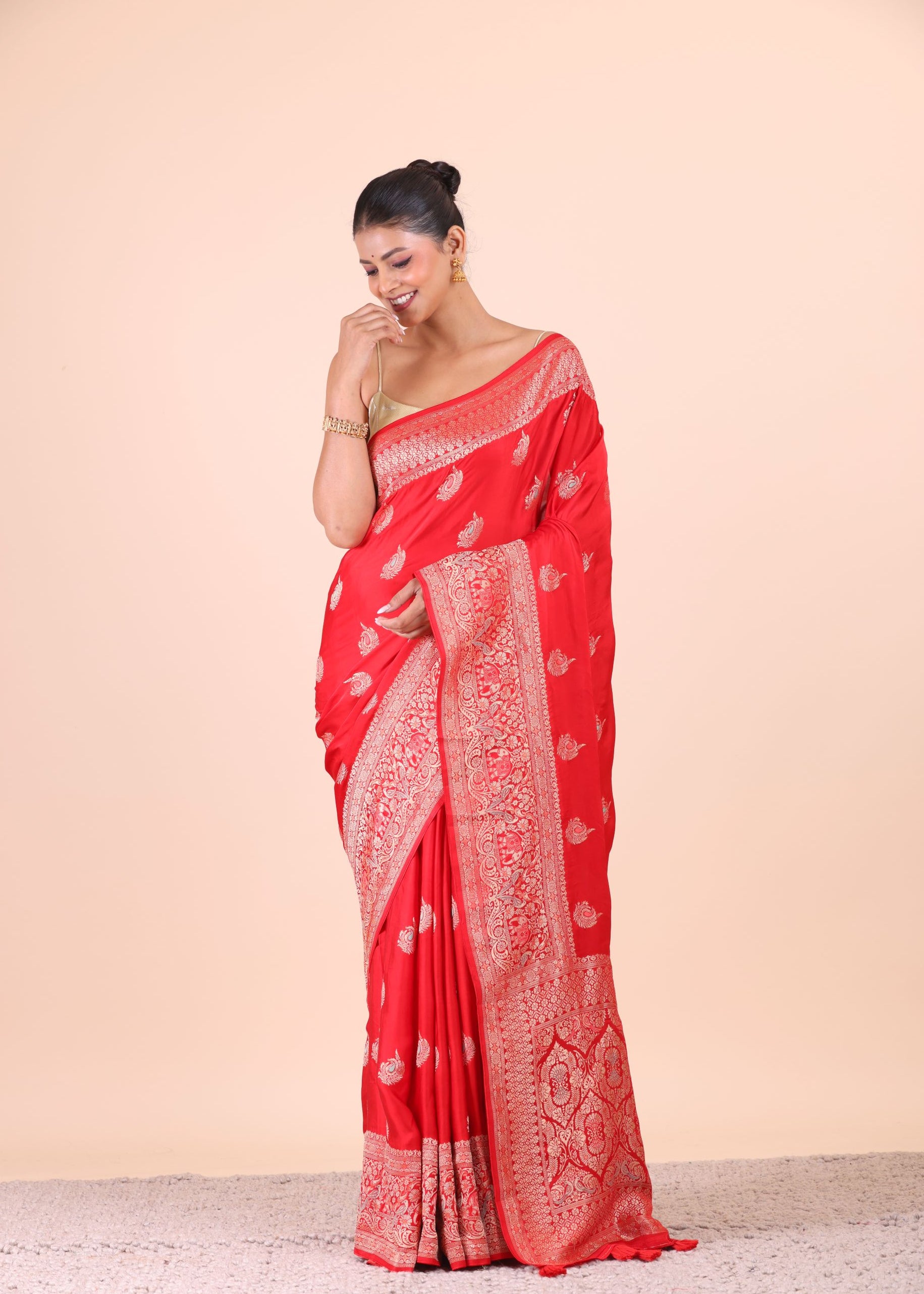 Red Katan Banarasi Silk Saree Full View