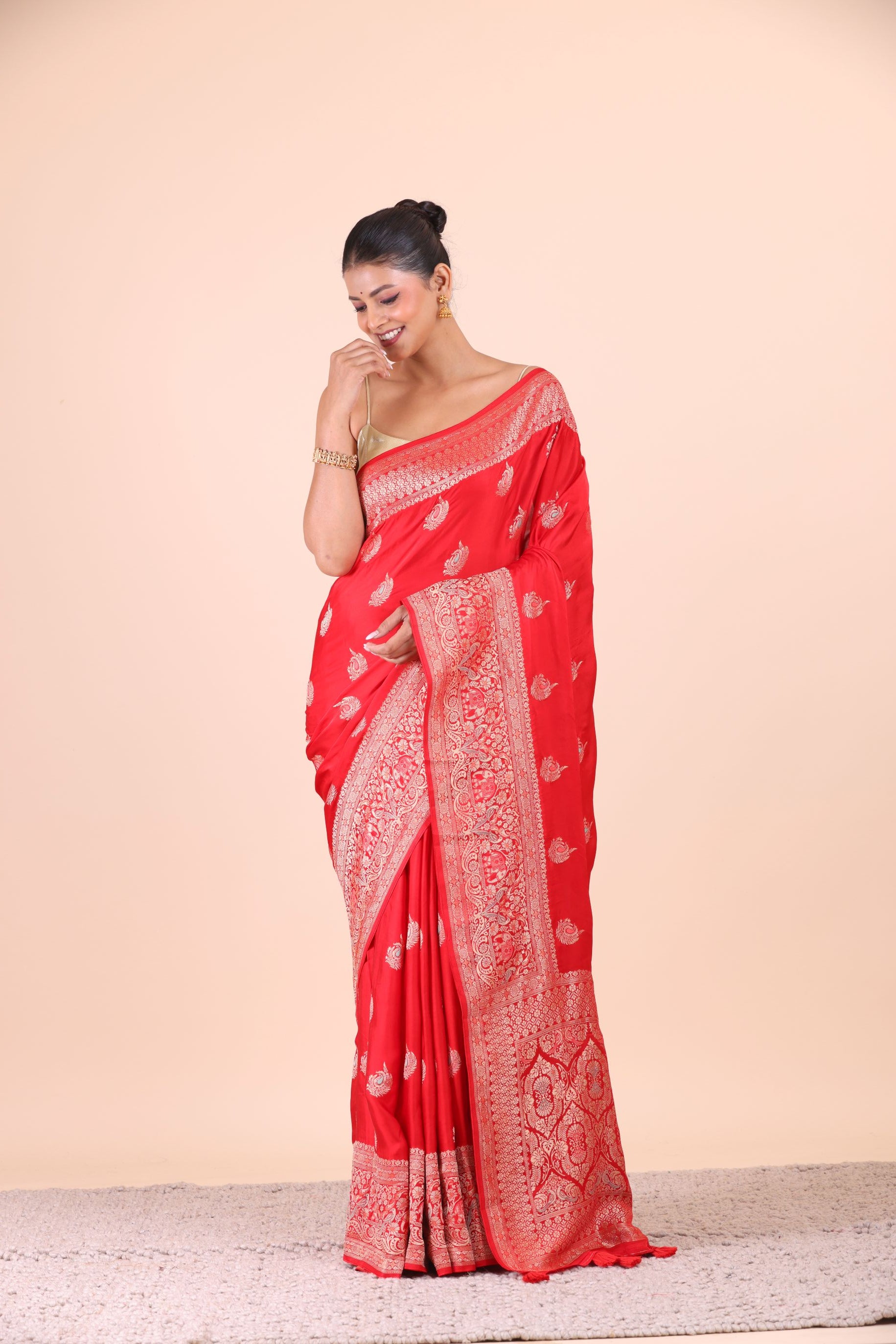 Red Katan Banarasi Silk Saree Full View