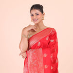 Red Katan Banarasi Silk Saree Close Up View
