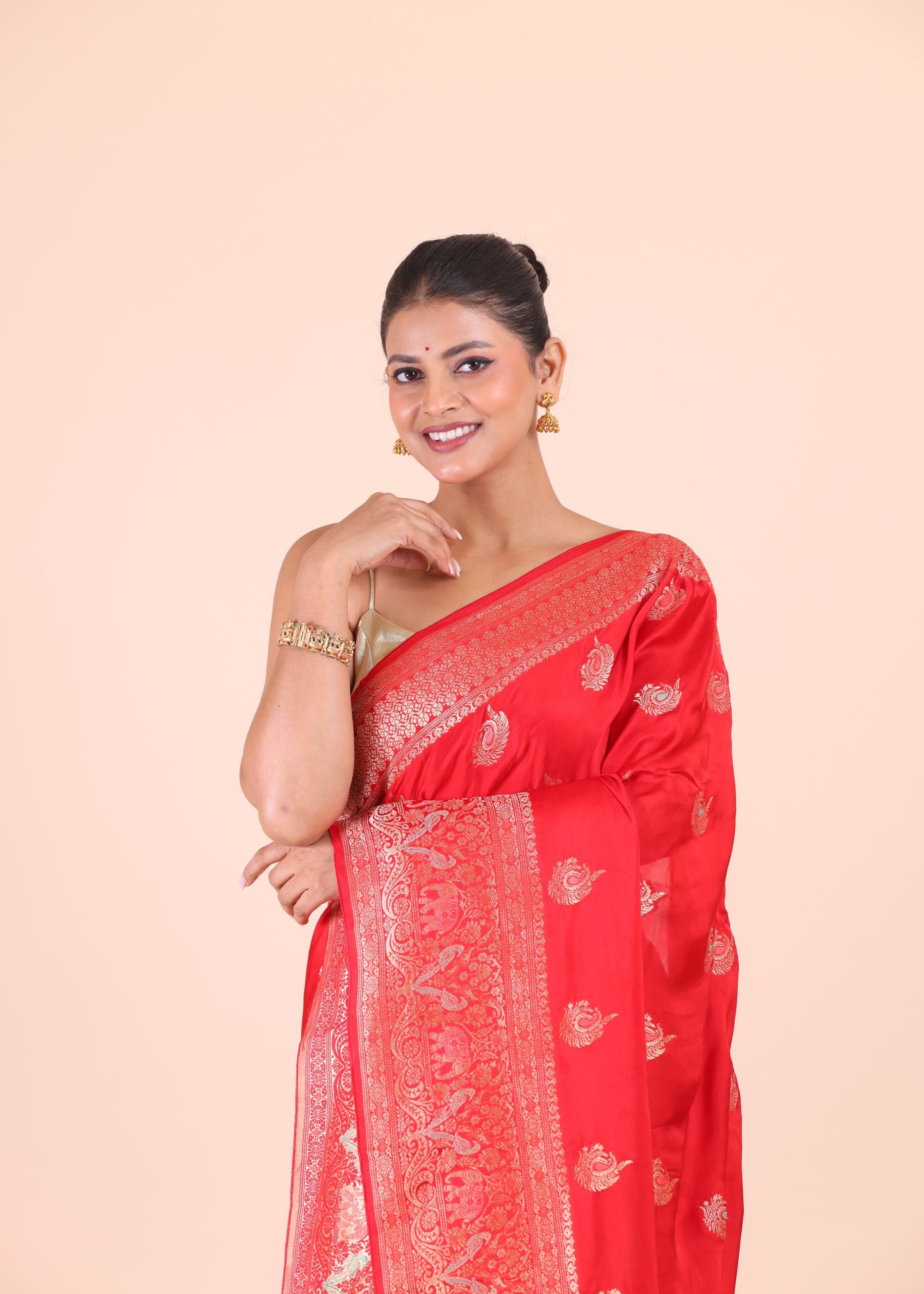 Red Katan Banarasi Silk Saree Close Up View