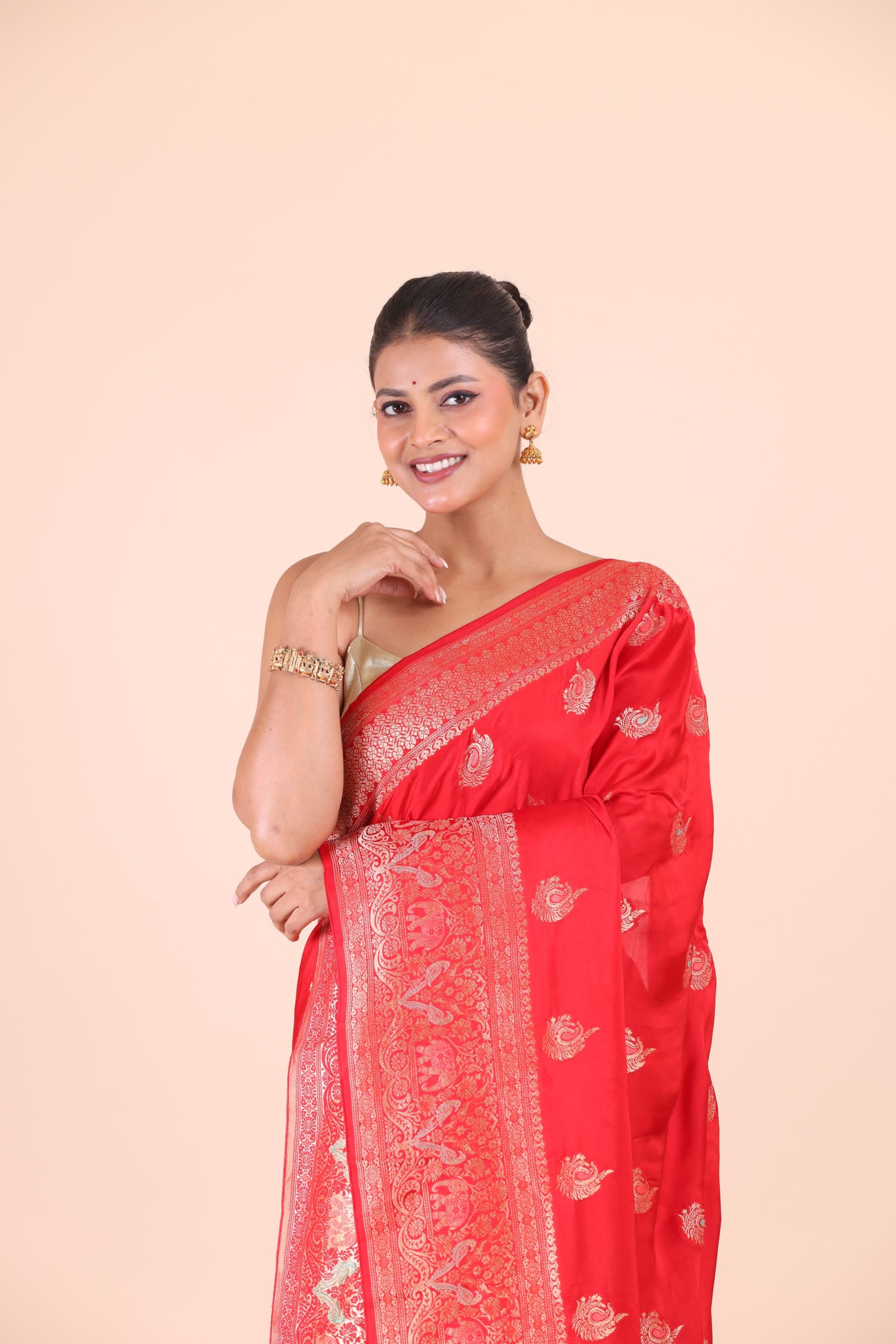 Red Katan Banarasi Silk Saree Close Up View