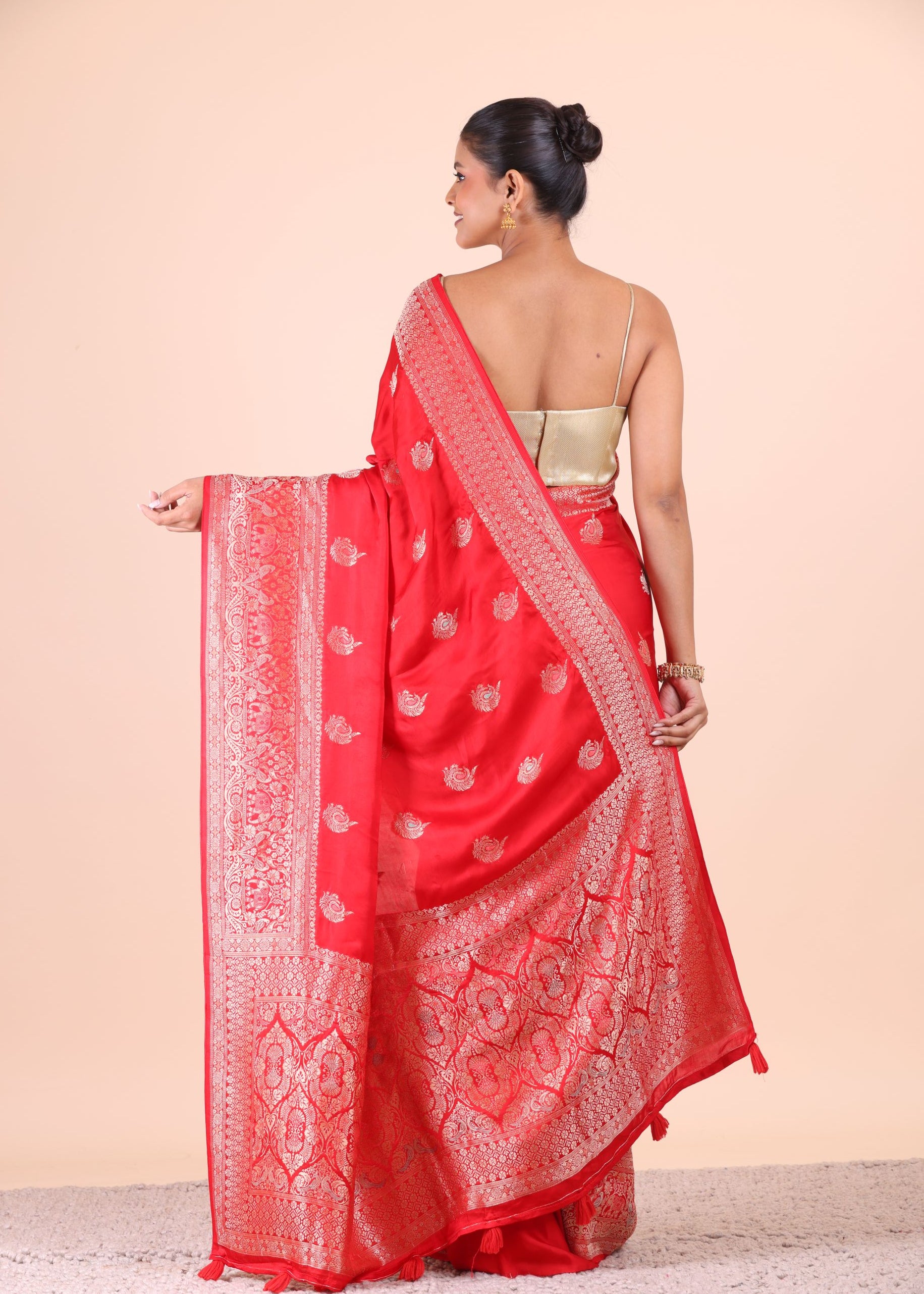 Red Katan Banarasi Silk Saree Back View