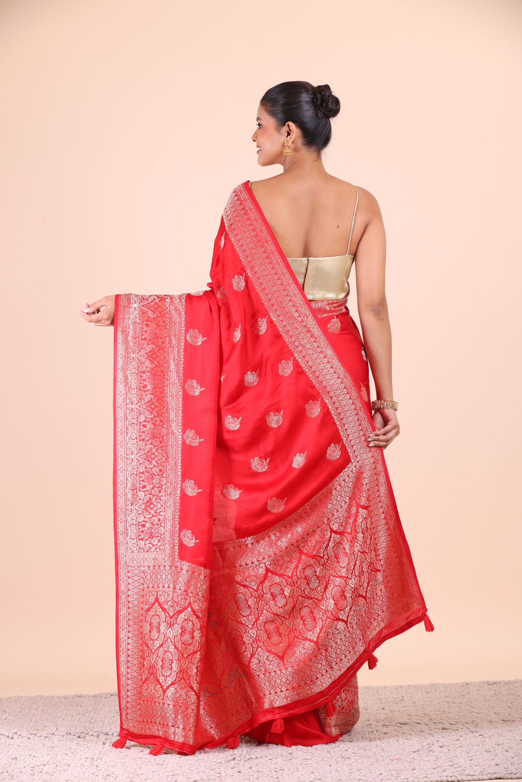 Red Katan Banarasi Silk Saree Back View