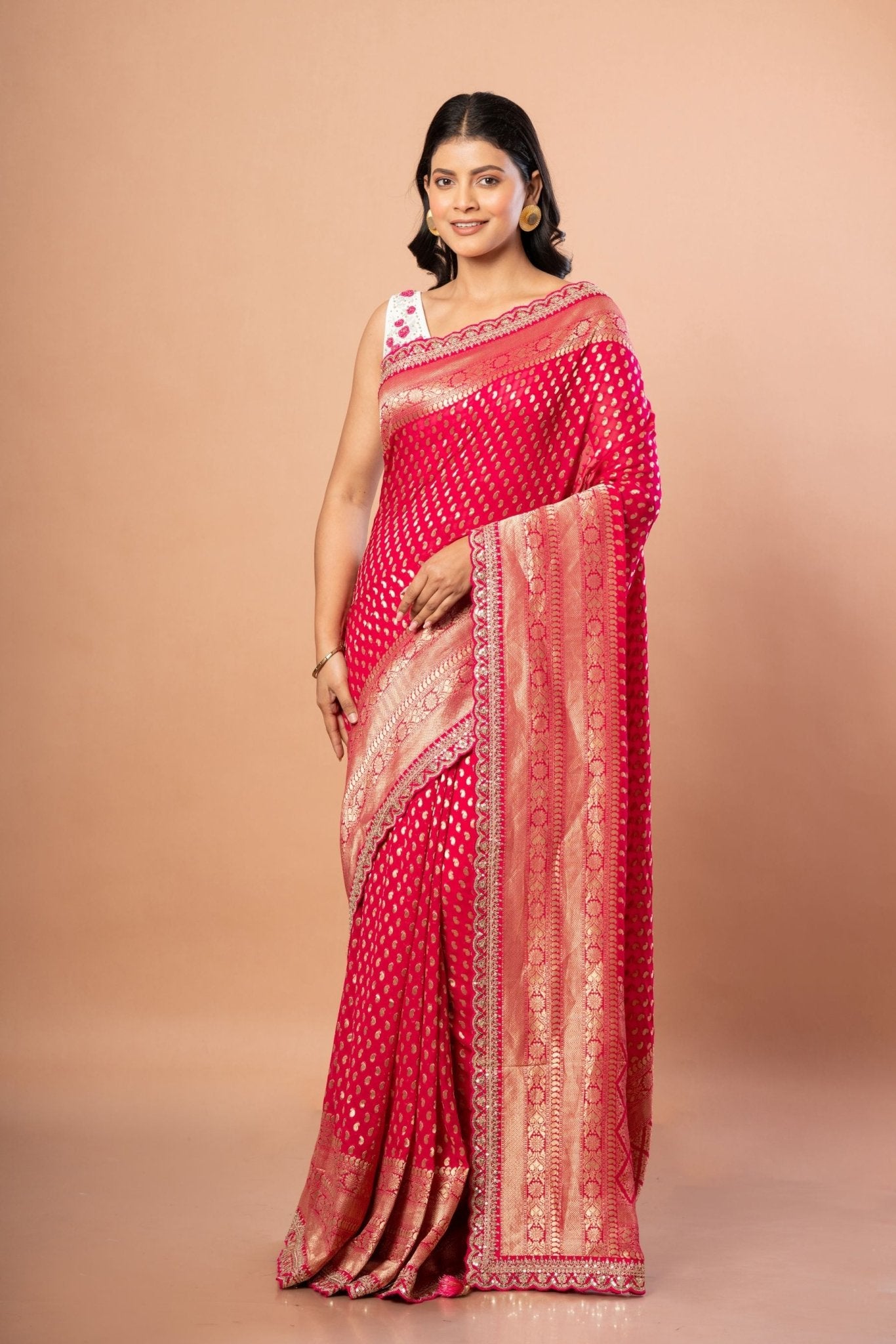Pink Khaddi Georgette Banarasi Saree With Embroidered Border - Anvi Couture