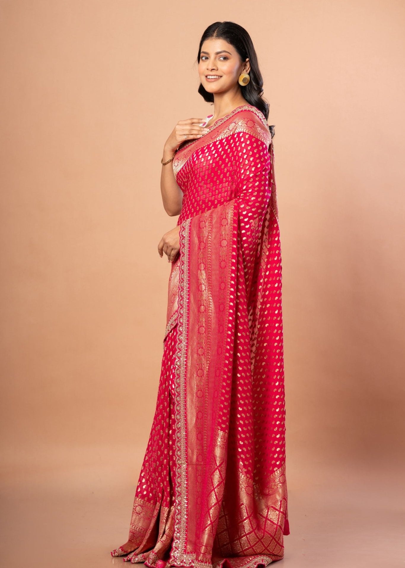 Red Khaddi Georgette Banarasi With Embroidered Border - Anvi Couture