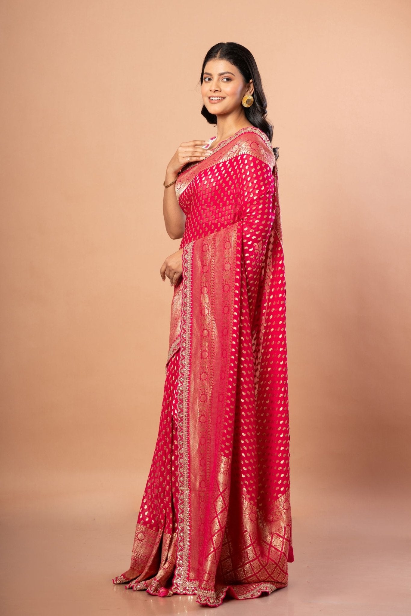 Pink Khaddi Georgette Banarasi Saree Front View - Anvi Couture