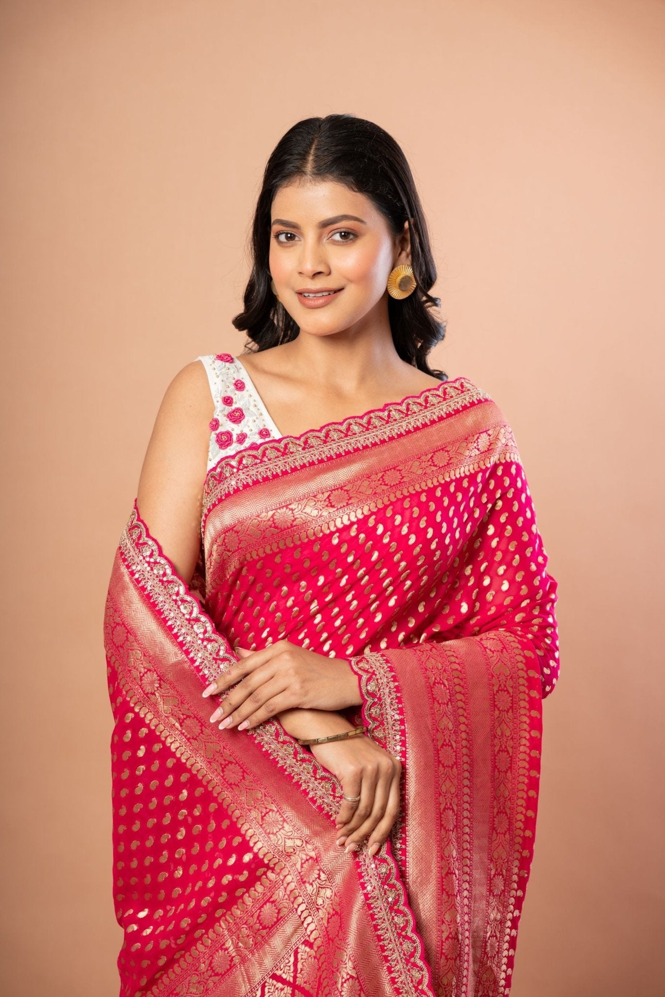 Pink Khaddi Georgette Banarasi Saree Drape View - Anvi Couture