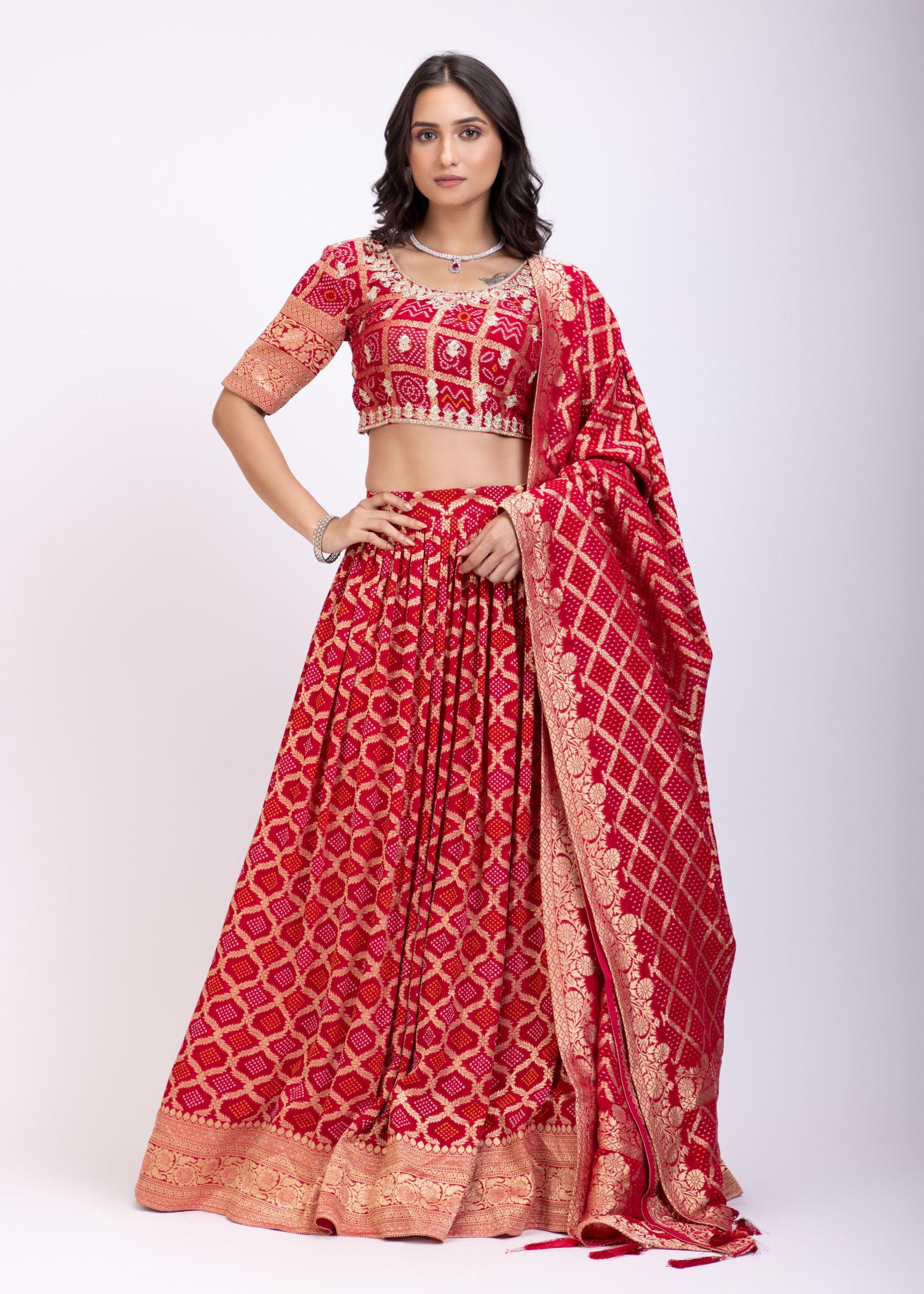 Red Khadi Georgette Zardozi Bridal Lehenga full