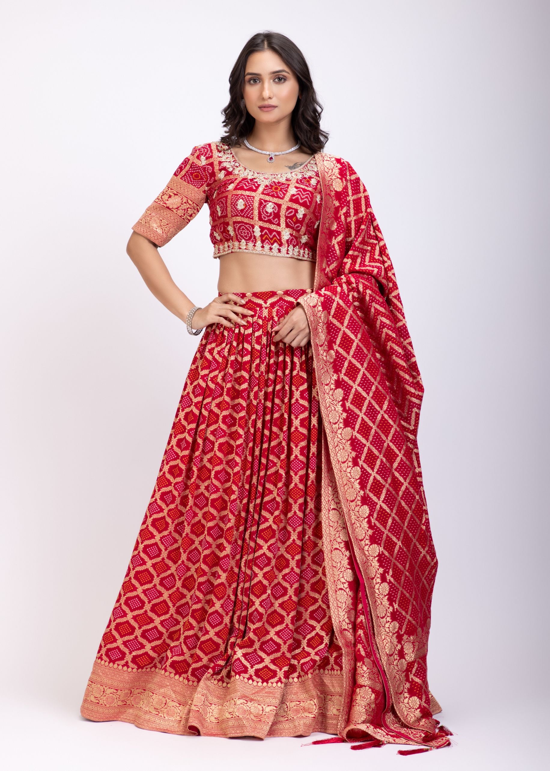 Red Khadi Georgette Zardozi Bridal Lehenga full
