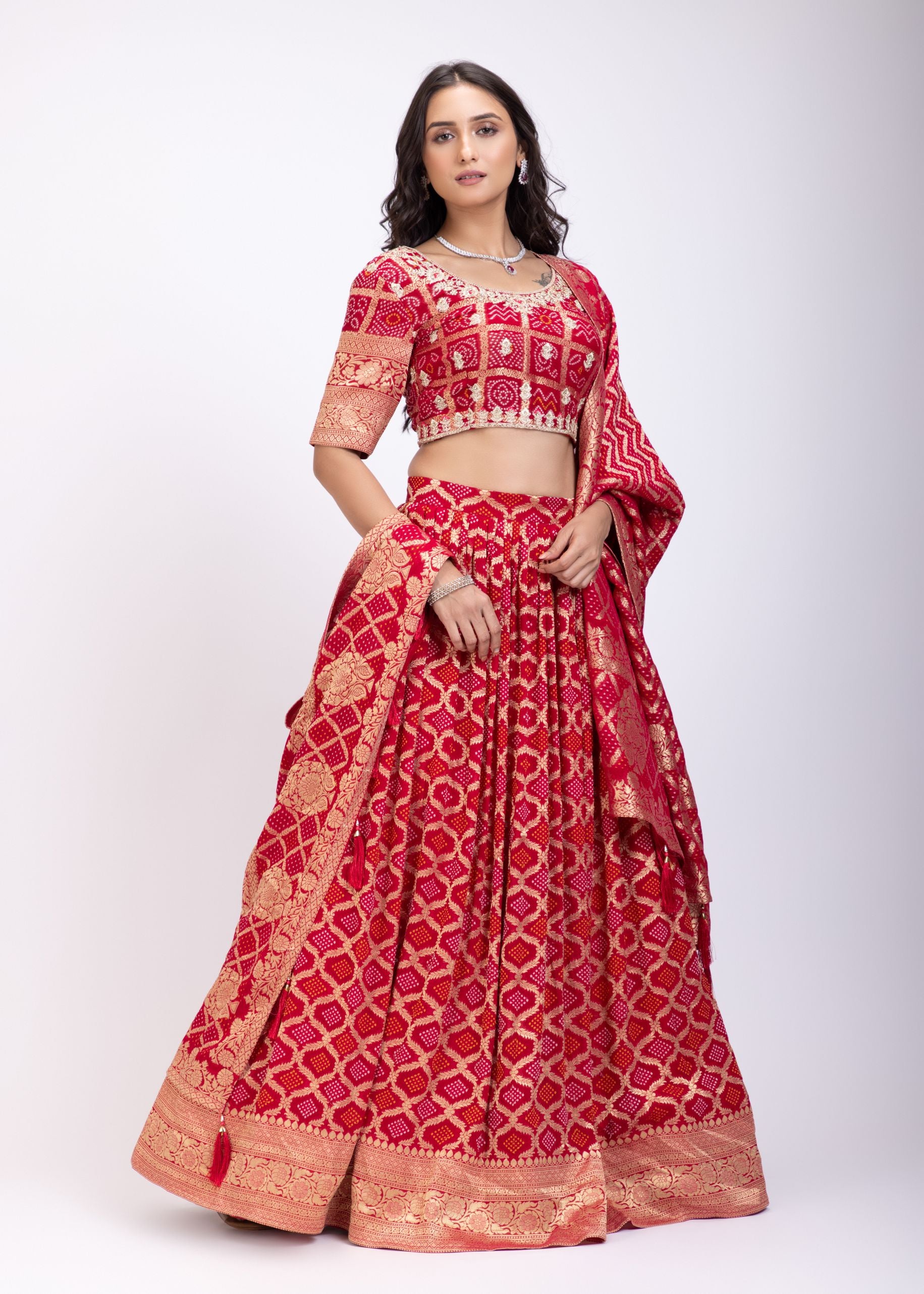 Red Khadi Georgette Zardozi Bridal Lehenga front