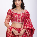 Red Khadi Georgette Zardozi Bridal Lehenga close up