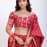 Red Khadi Georgette Zardozi Bridal Lehenga close up