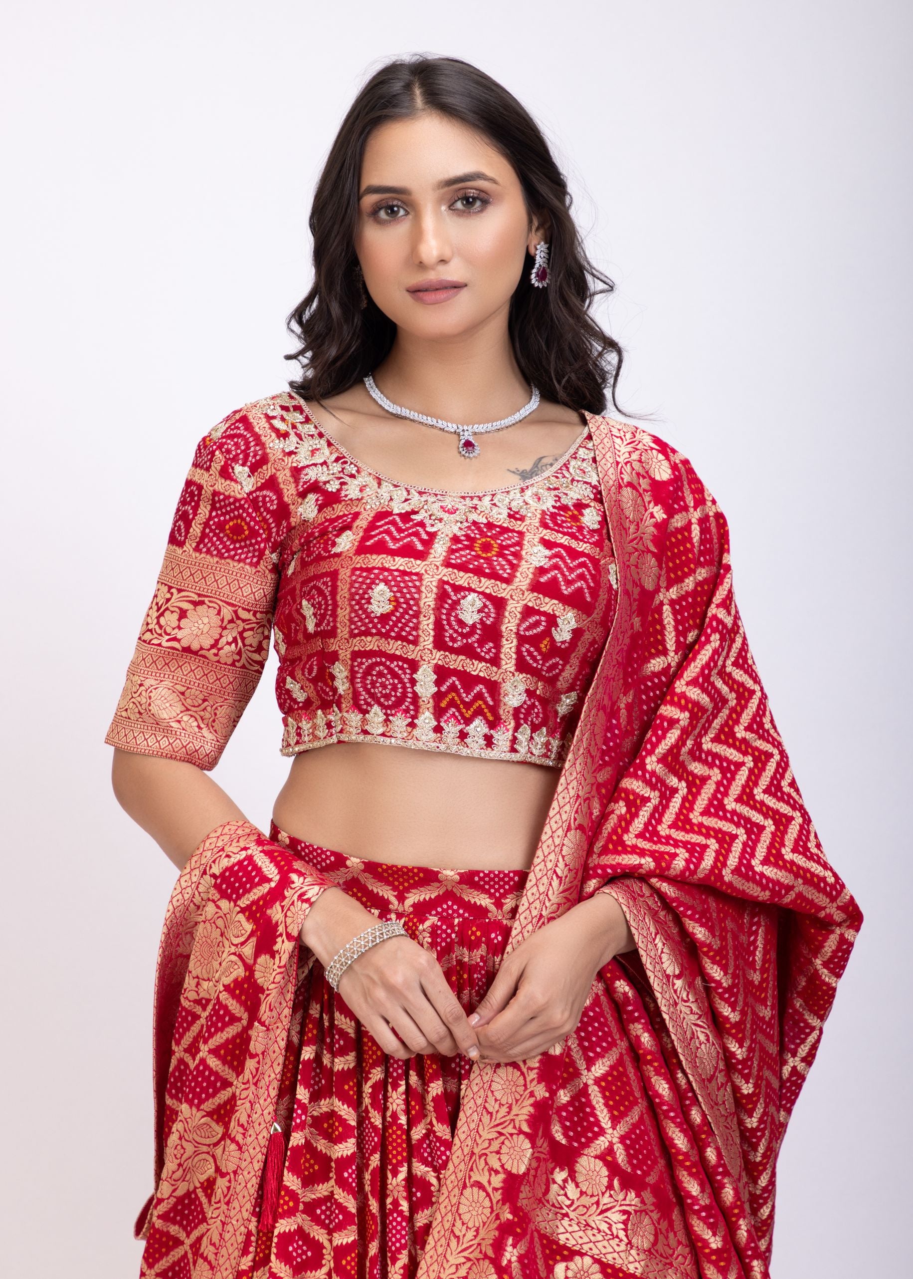 Red Khadi Georgette Zardozi Bridal Lehenga close up