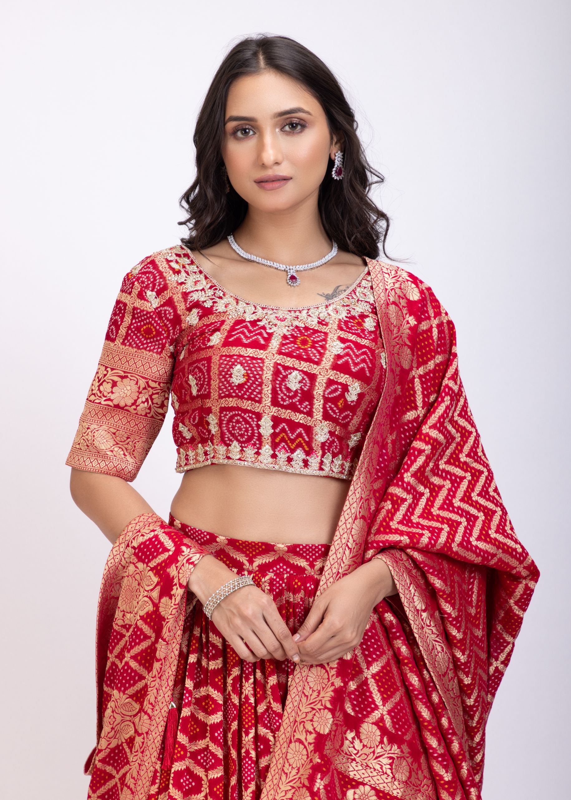 Red Khadi Georgette Zardozi Bridal Lehenga close up