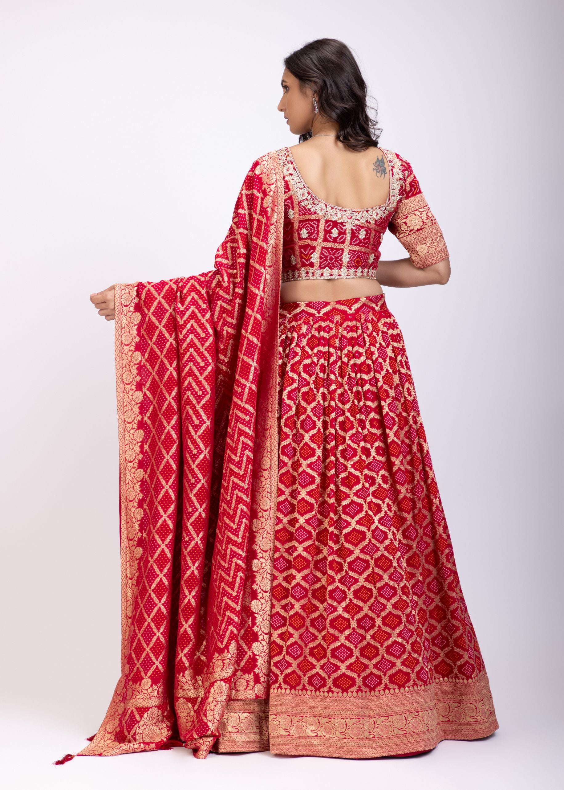 Red Khadi Georgette Zardozi Bridal Lehenga back