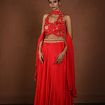 Red Lehenga Set with Halter Neck Choli and Choker Dupatta