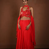 Red Lehenga Set with Halter Neck Choli and Choker Dupatta