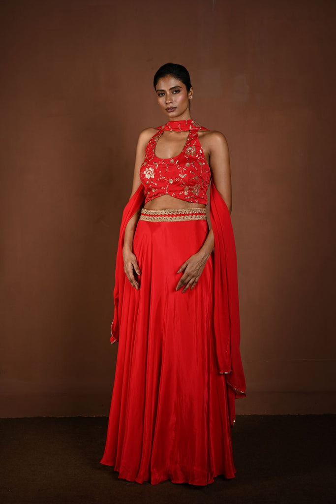 Red Lehenga Set with Halter Neck Choli and Choker Dupatta