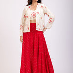 Red Lehenga and White Embroidered Jacket Set full