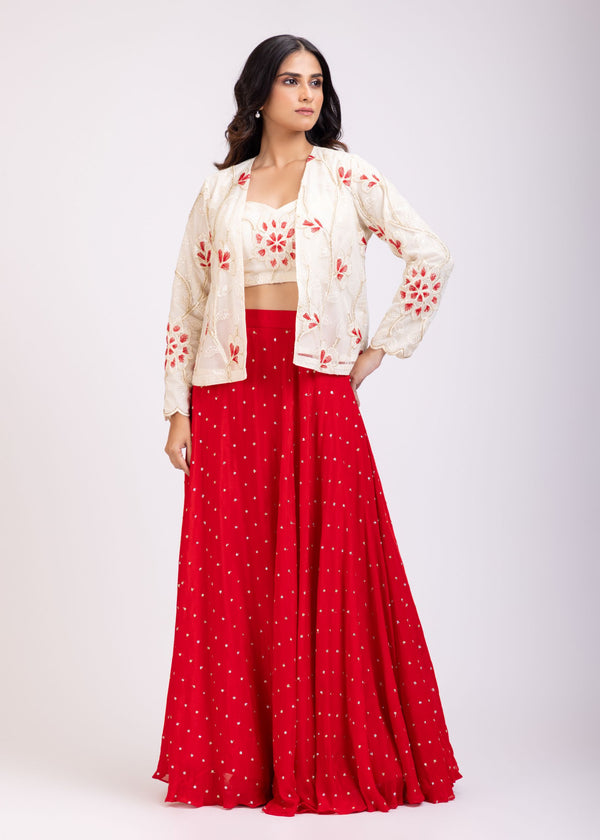 Red Lehenga and White Embroidered Jacket Set full