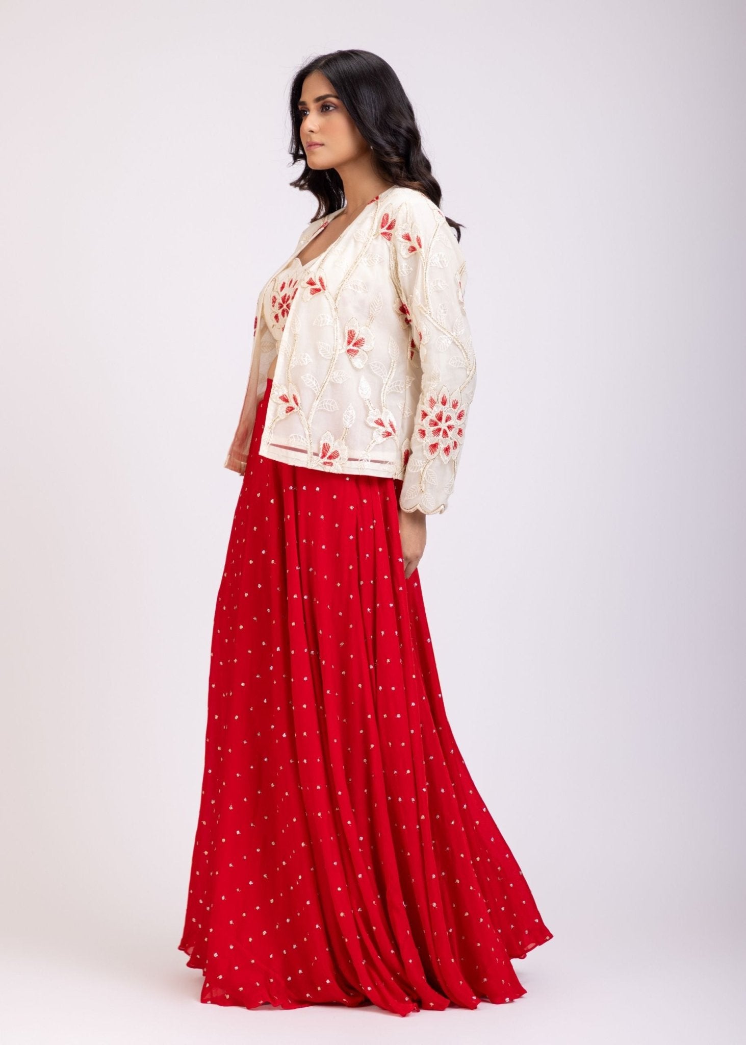 Red Lehenga and White Embroidered Jacket Set - Anvi Couture