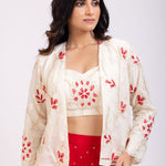 Red Lehenga and White Embroidered Jacket Set close up