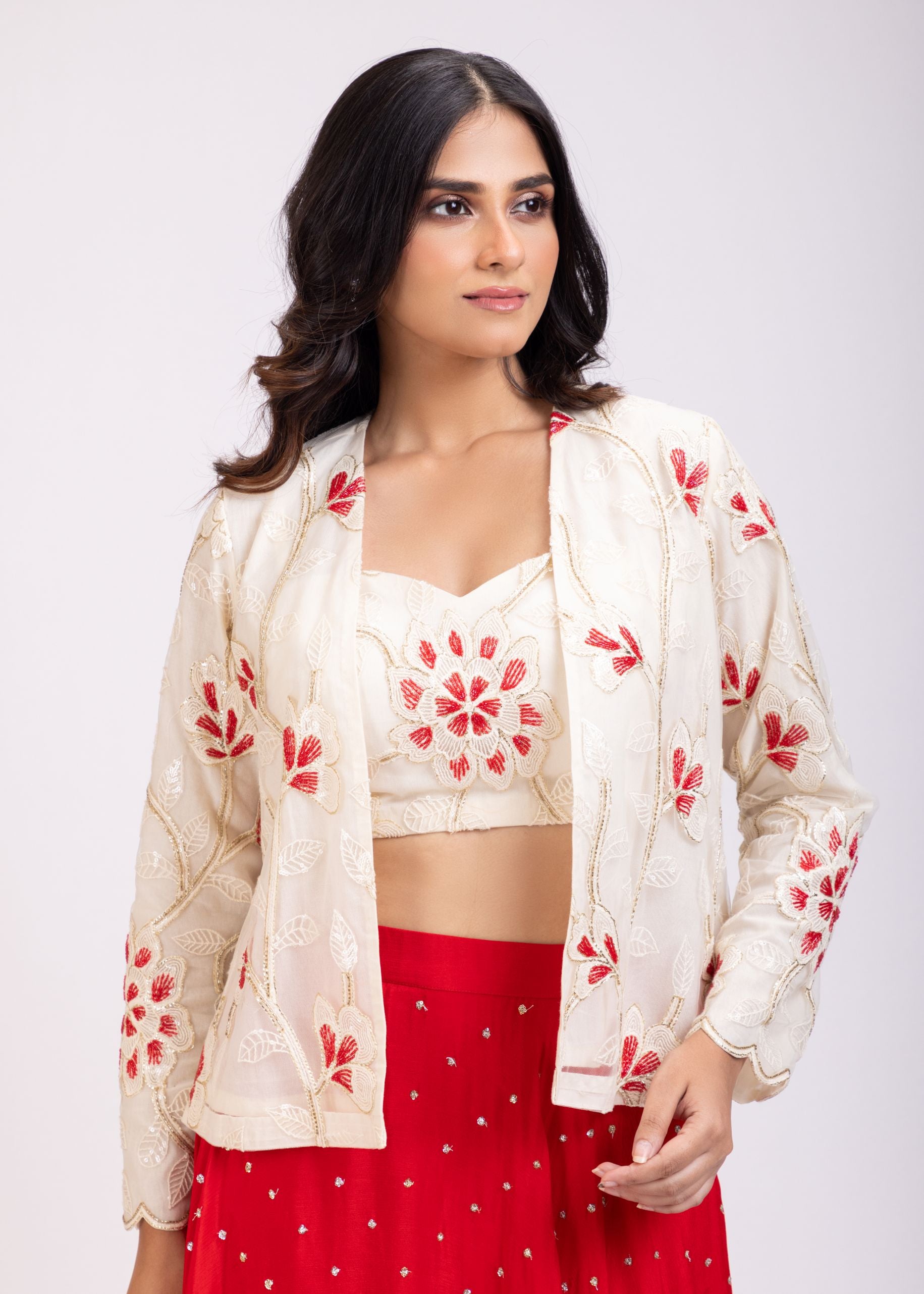 Red Lehenga and White Embroidered Jacket Set close up