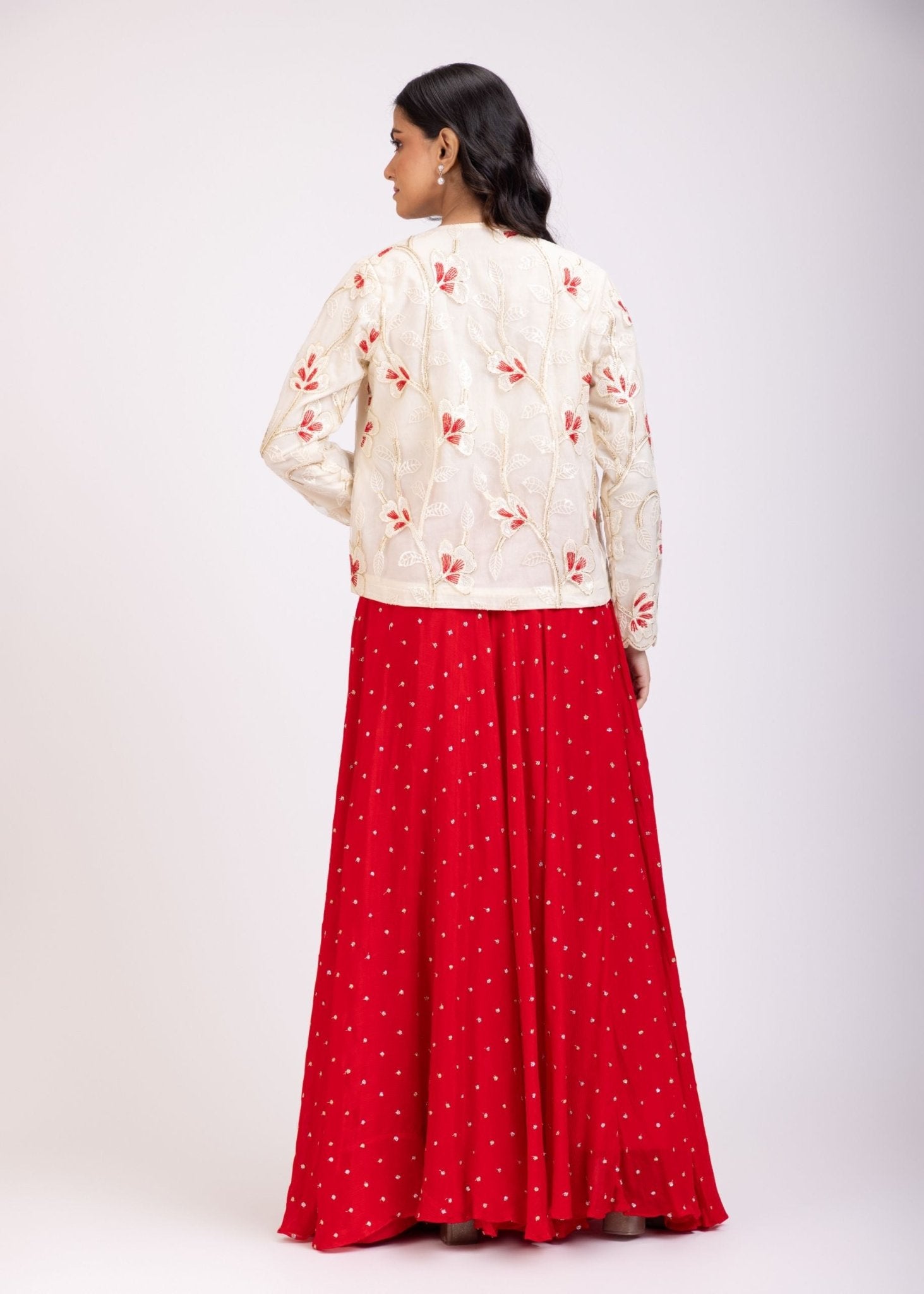 Red Lehenga and White Embroidered Jacket Set - Anvi Couture