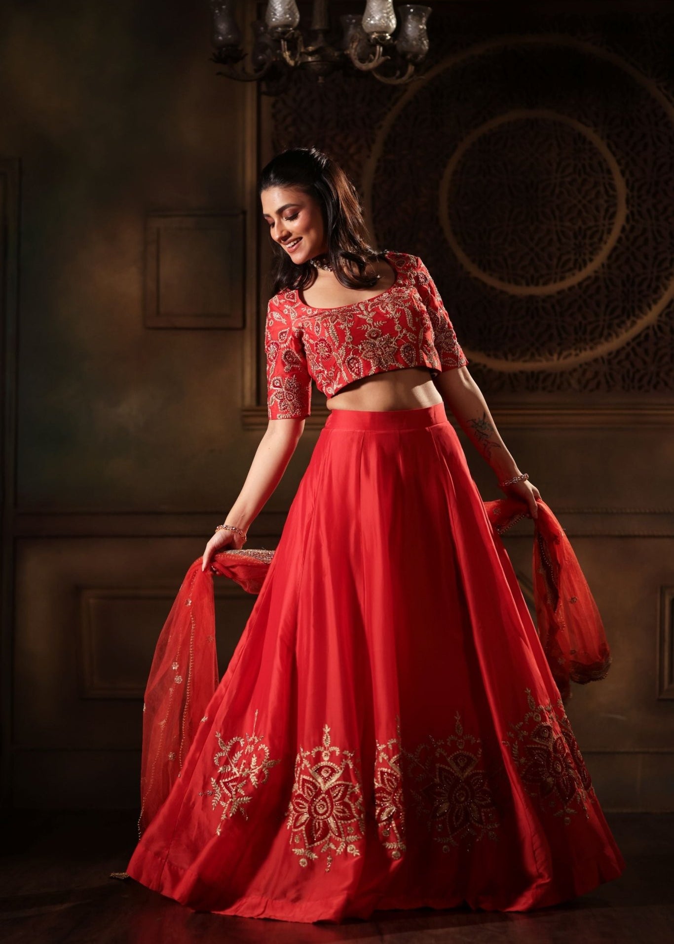 Red Light Weight Bridal Lehenga Set - Anvi Couture