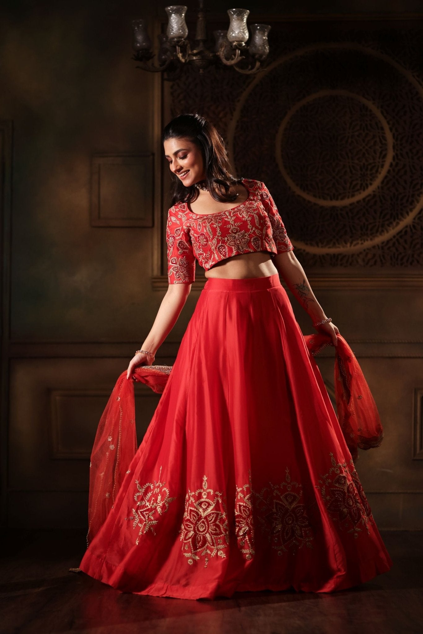 Red Light Weight Bridal Lehenga Set - Anvi Couture - Image 1