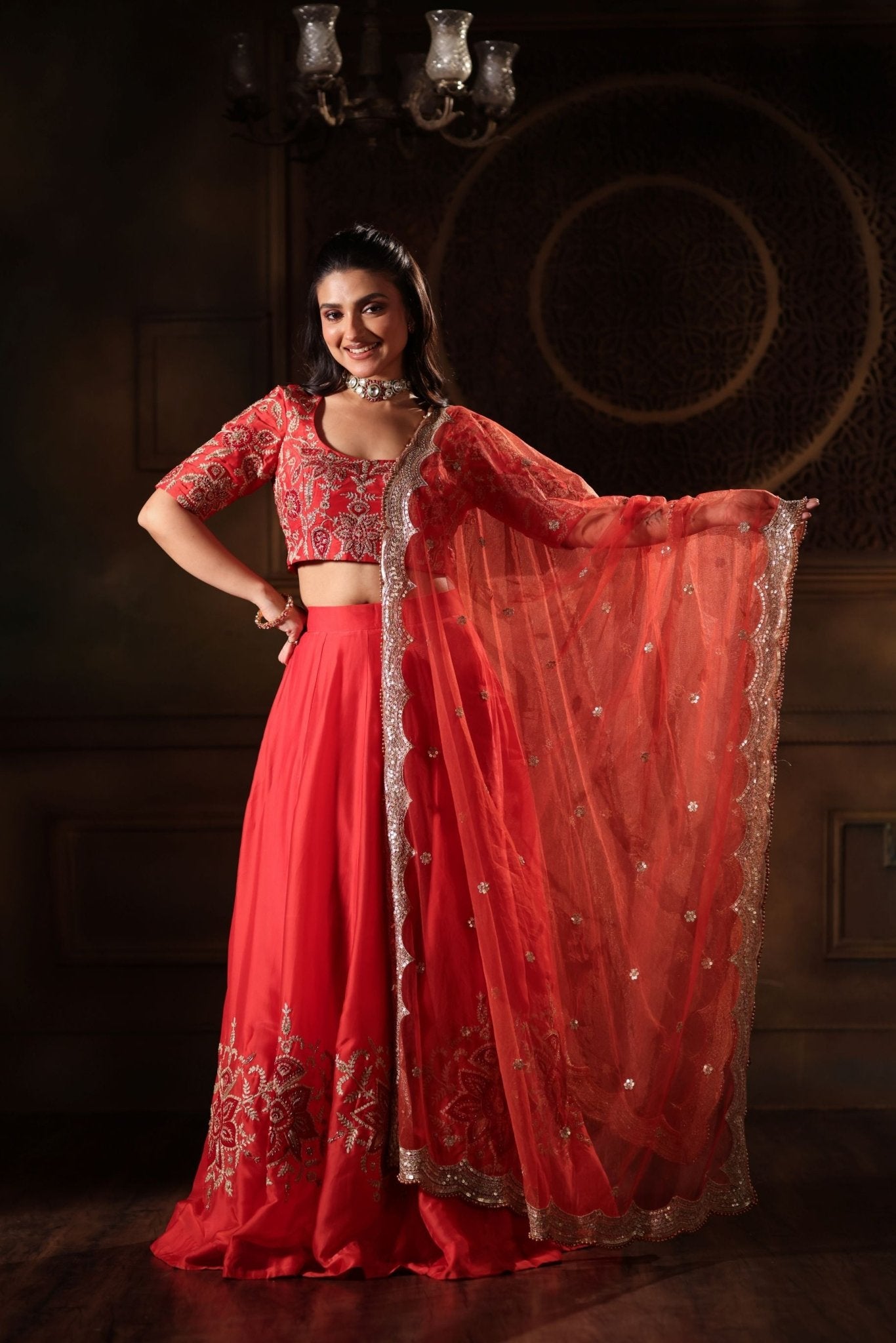 Red Light Weight Bridal Lehenga Set - Anvi Couture - Image 2