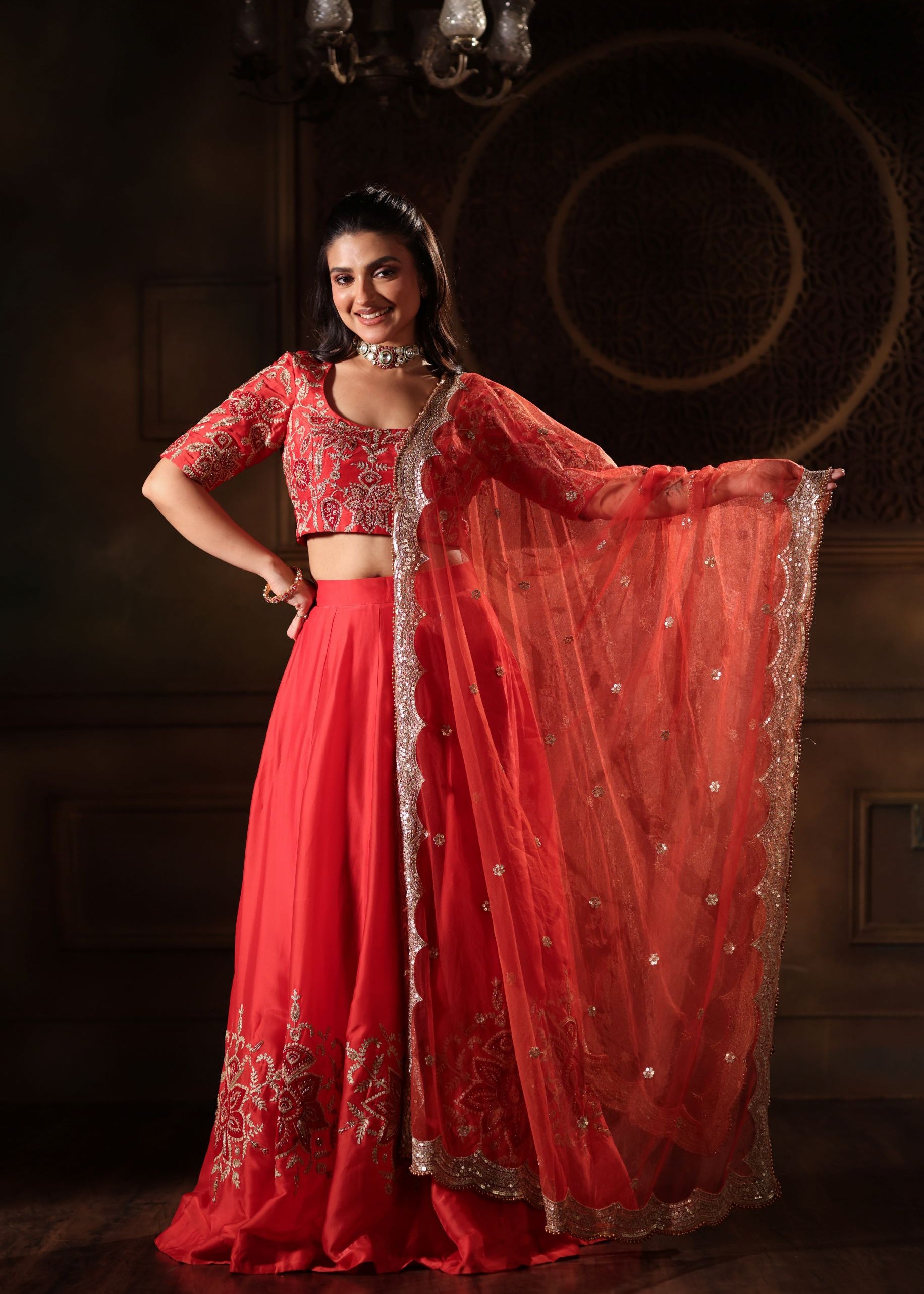 Red Light Weight Bridal Lehenga Set frnt