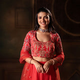 Red Light Weight Bridal Lehenga Set close up