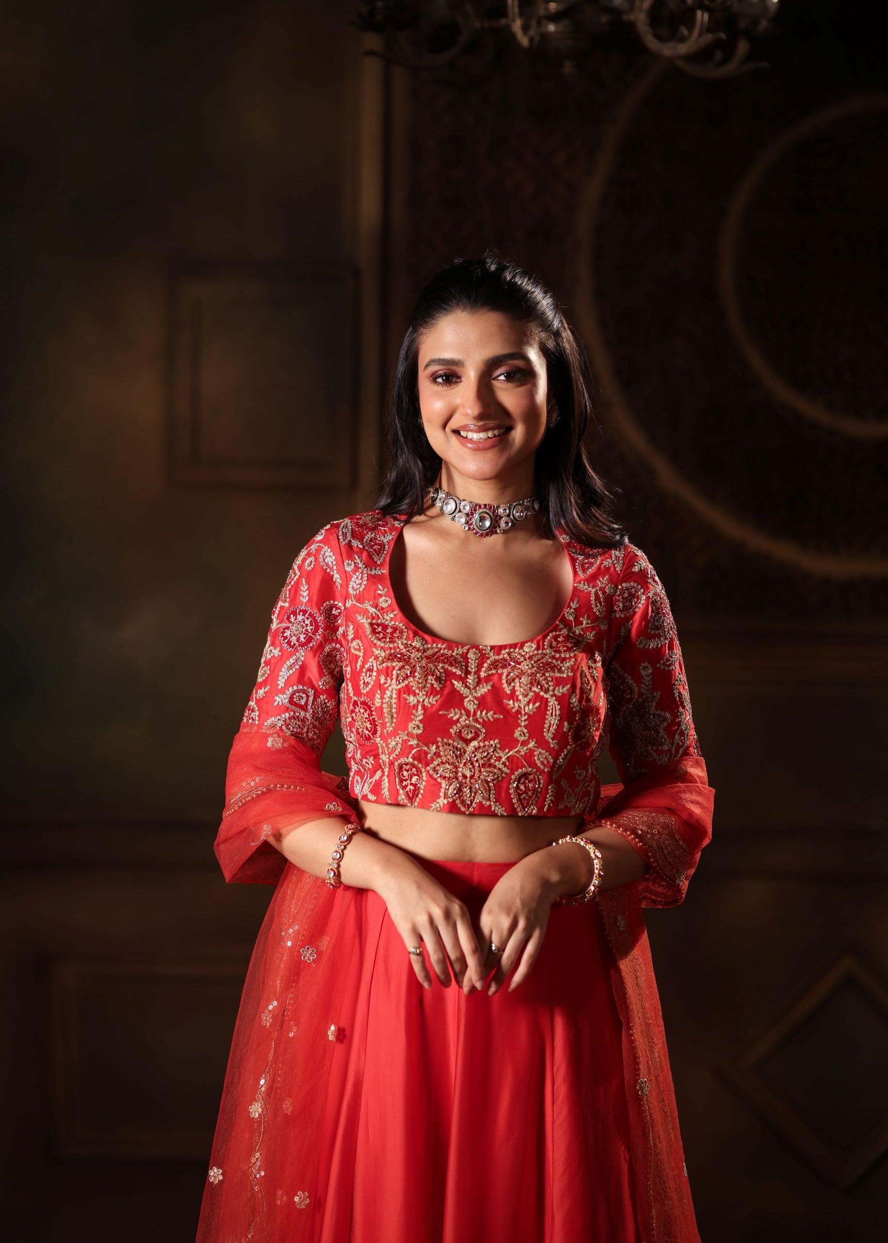 Red Light Weight Bridal Lehenga Set close up