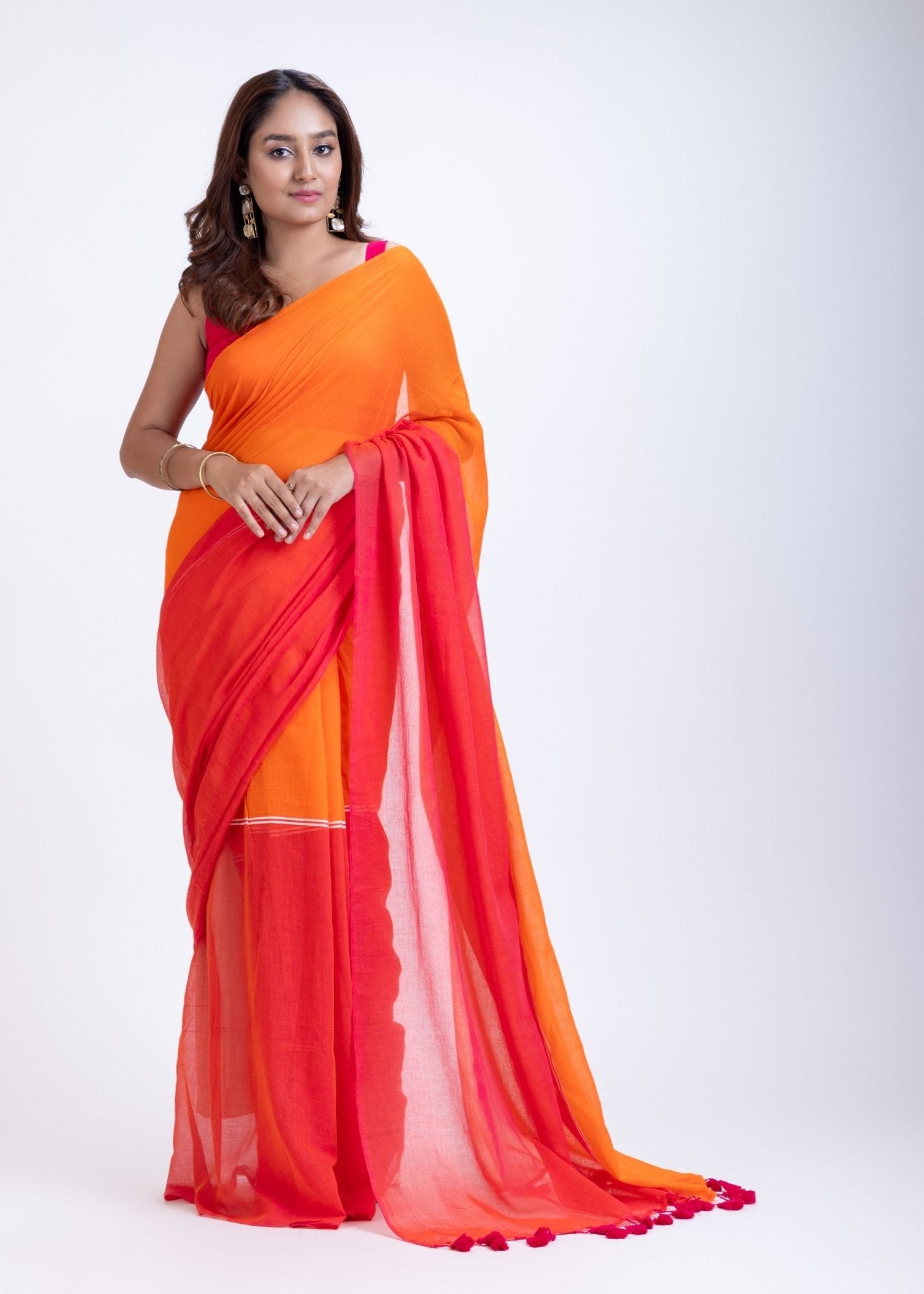 Pink Orange Cotton Handloom Saree - Anvi Couture