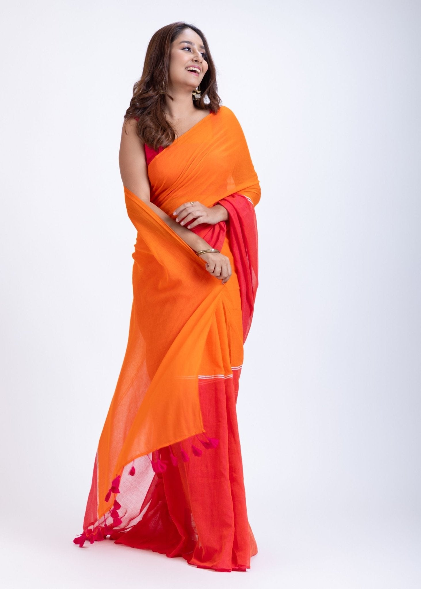 Pink Orange Cotton Handloom Saree - Anvi Couture