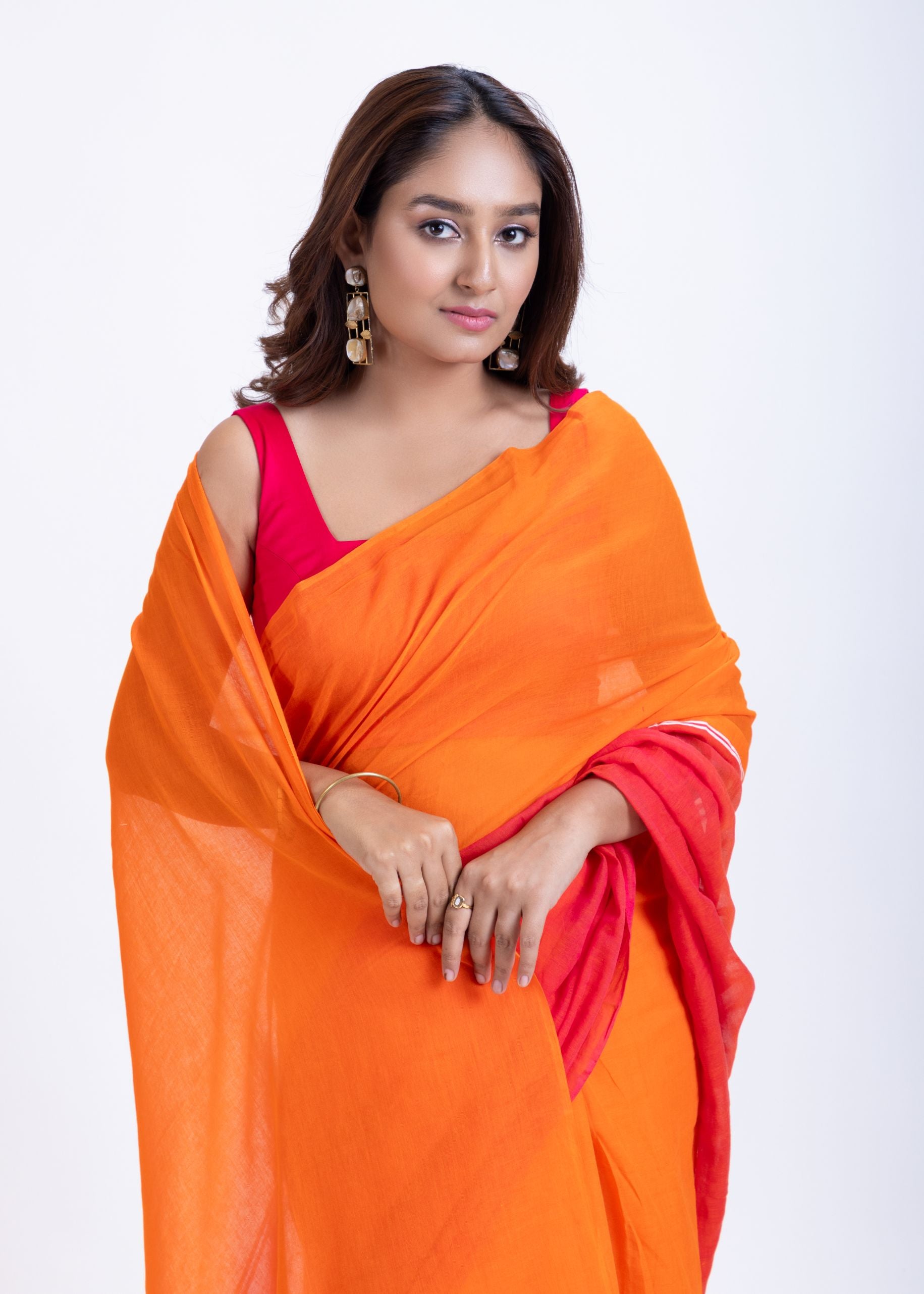Red Orange Cotton Handloom Saree Close Up

