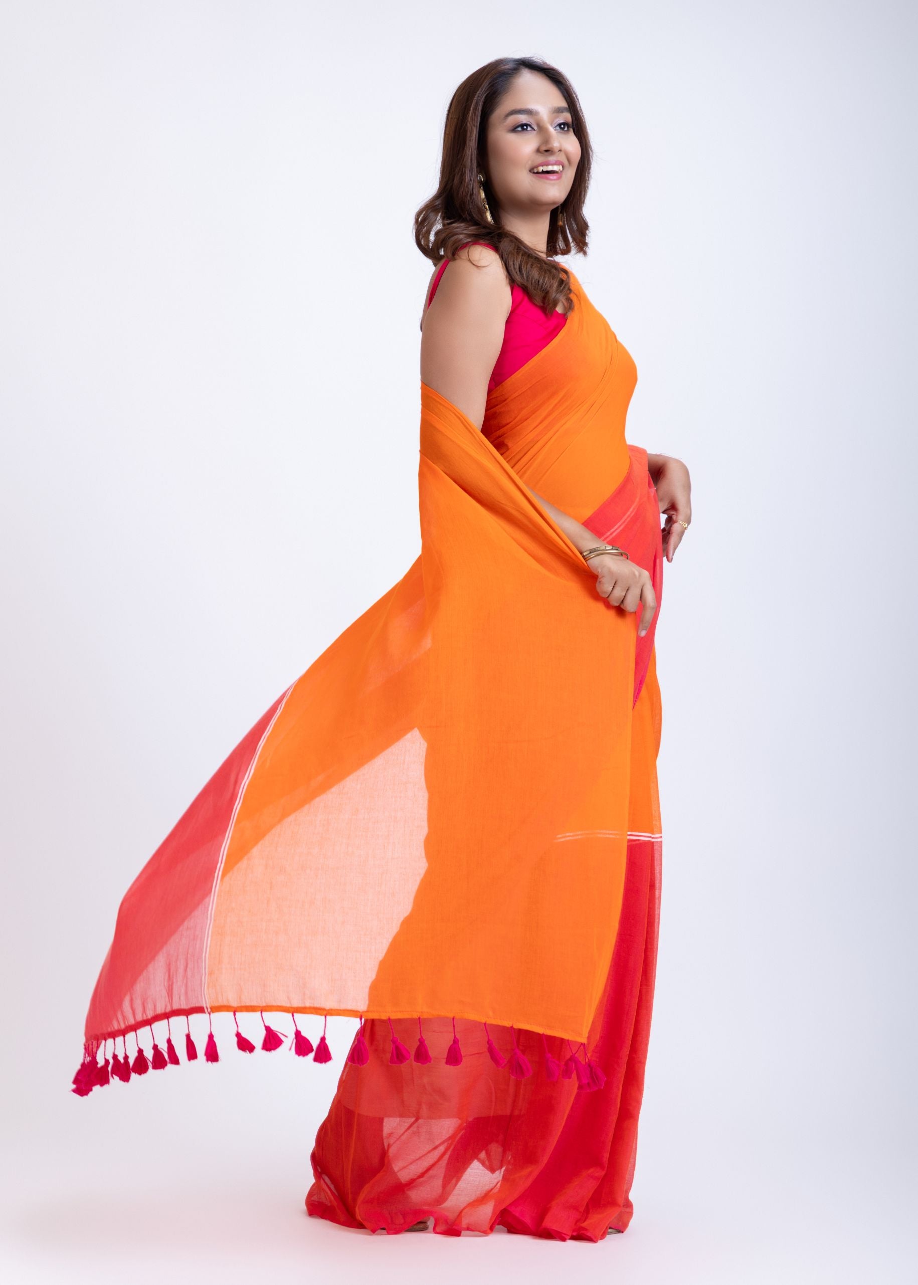 Red Orange Cotton Handloom Saree Back
