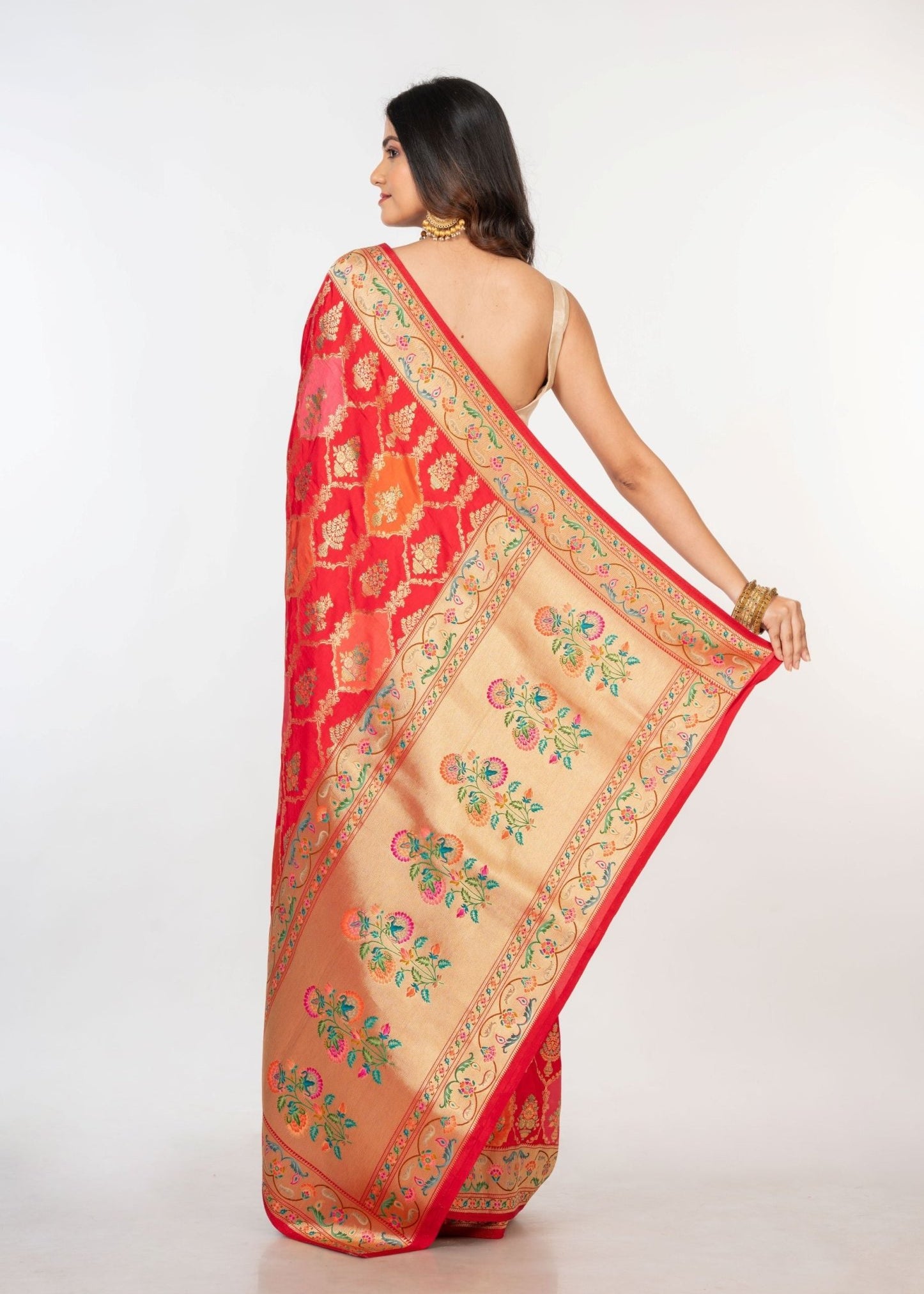 Red Orange Paithani Silk Saree - Anvi Couture