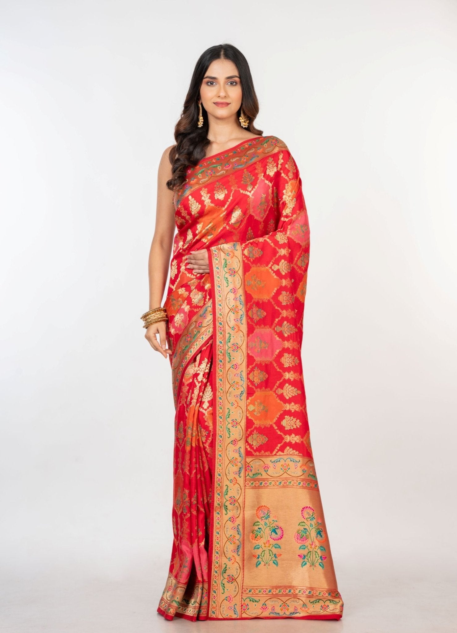 Red Orange Paithani Silk Saree - Anvi Couture
