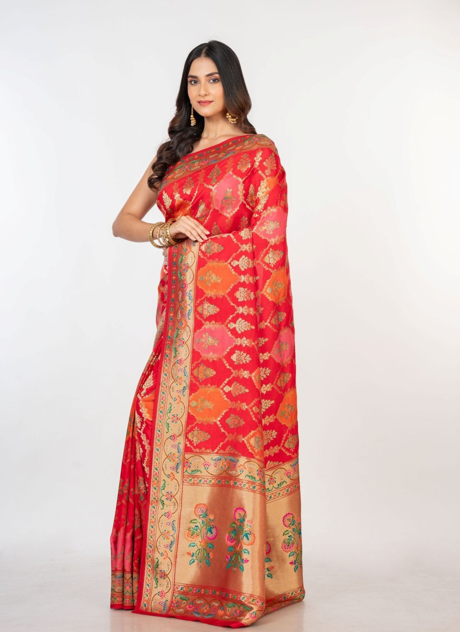 Red Orange Paithani Silk Saree - Anvi Couture