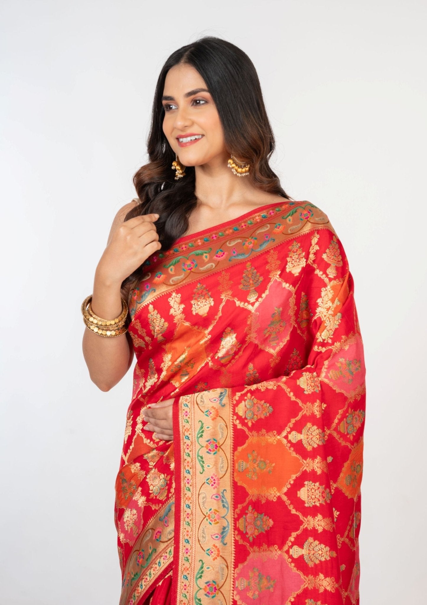 Red Orange Paithani Silk Saree - Anvi Couture