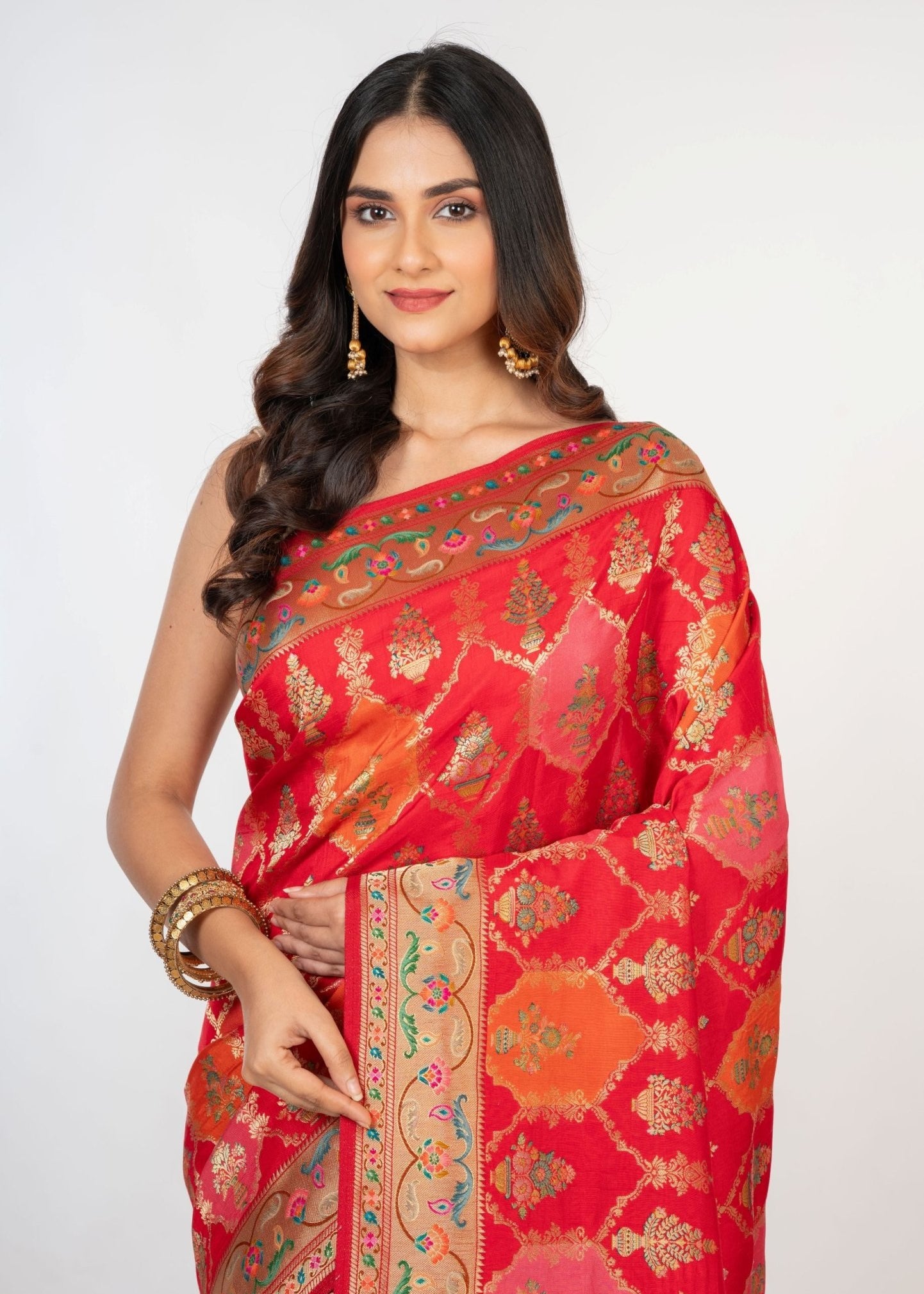 Red Orange Paithani Silk Saree - Anvi Couture