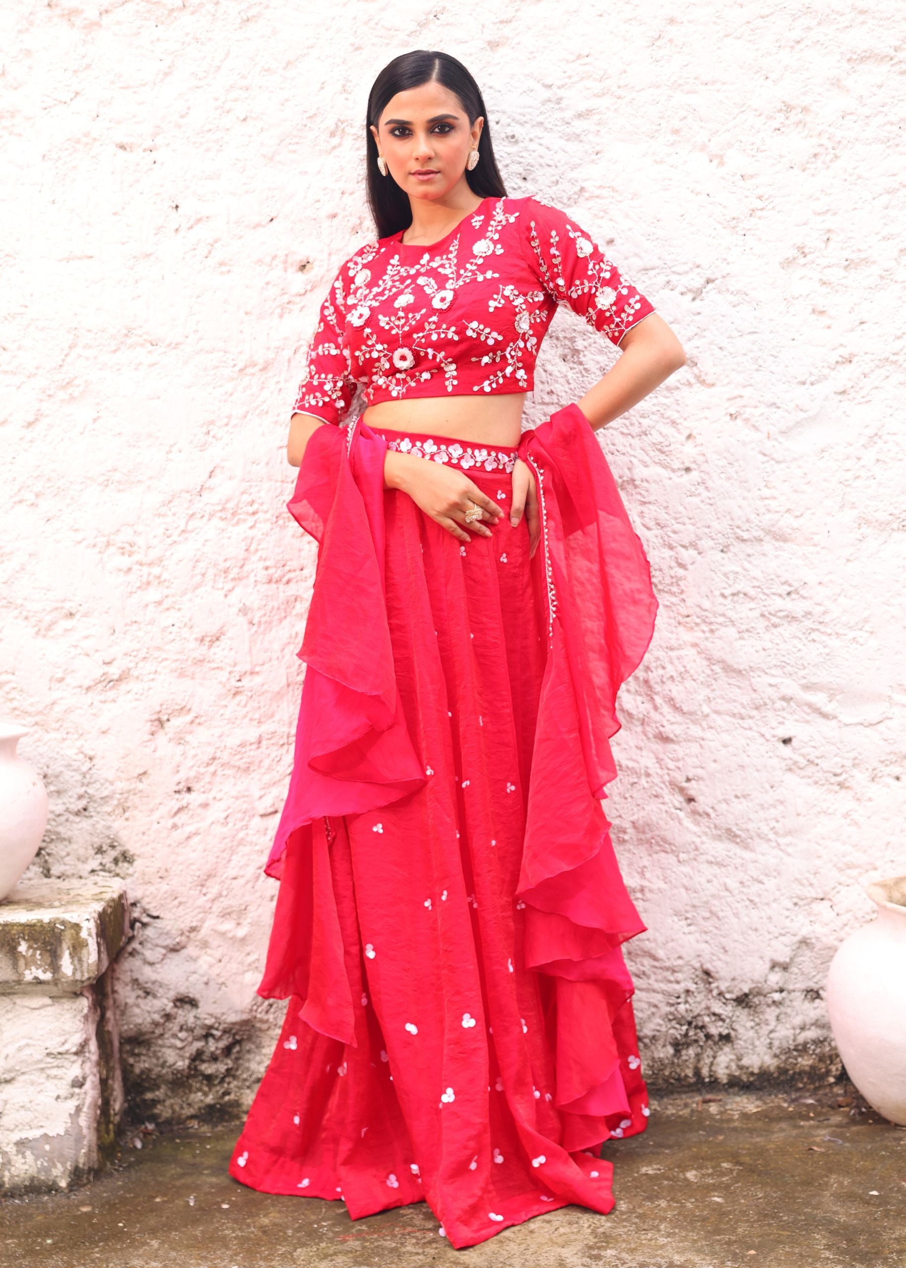 Red Partywear Lehenga With Sequins And Stone Embroidery Full view