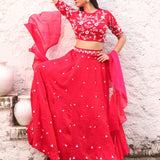 Red Partywear Lehenga With Sequins And Stone Embroidery Front view