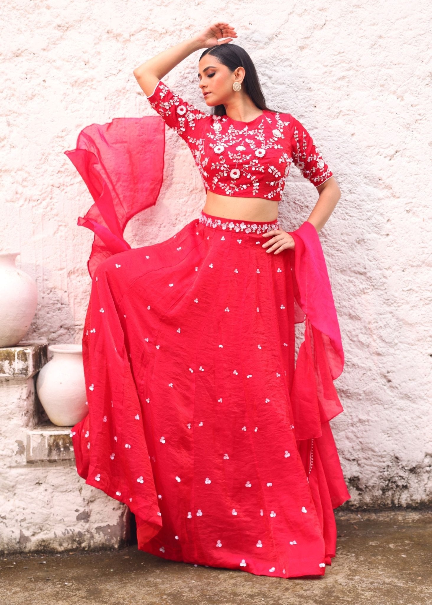 Red Partywear Lehenga With Sequins And Stone Embroidery - Anvi Couture