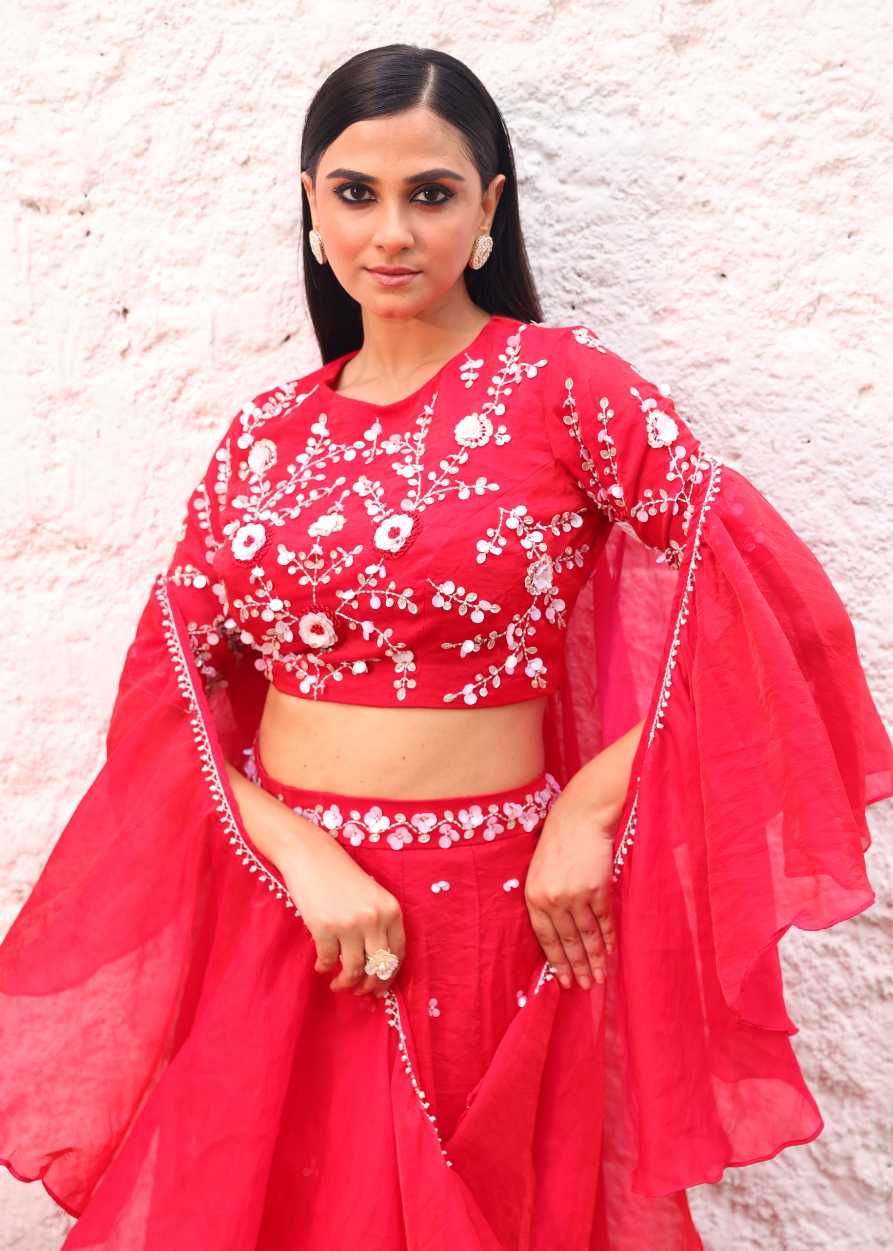 Red Partywear Lehenga With Sequins And Stone Embroidery Close Up