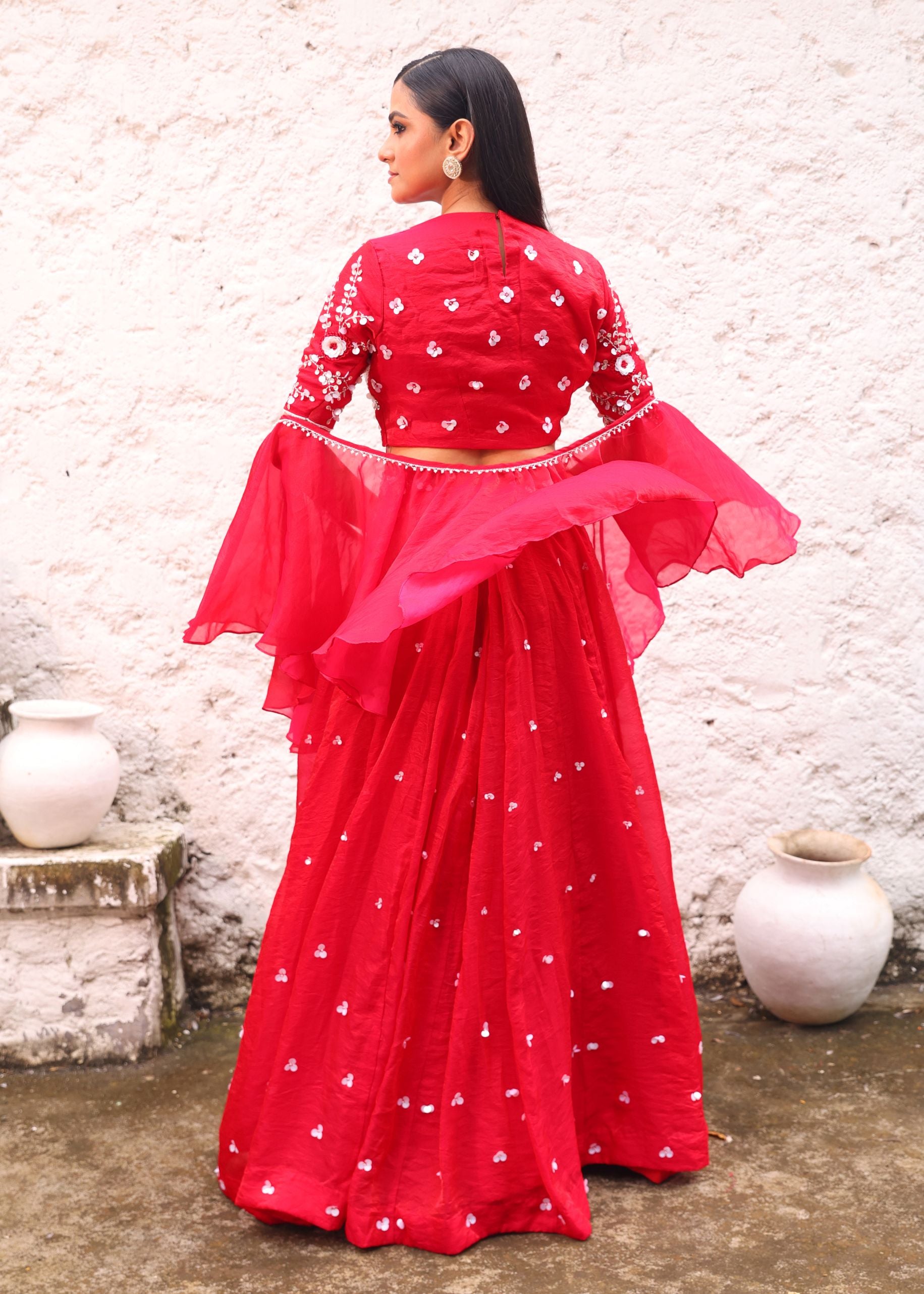 Red Partywear Lehenga With Sequins And Stone Embroidery Back