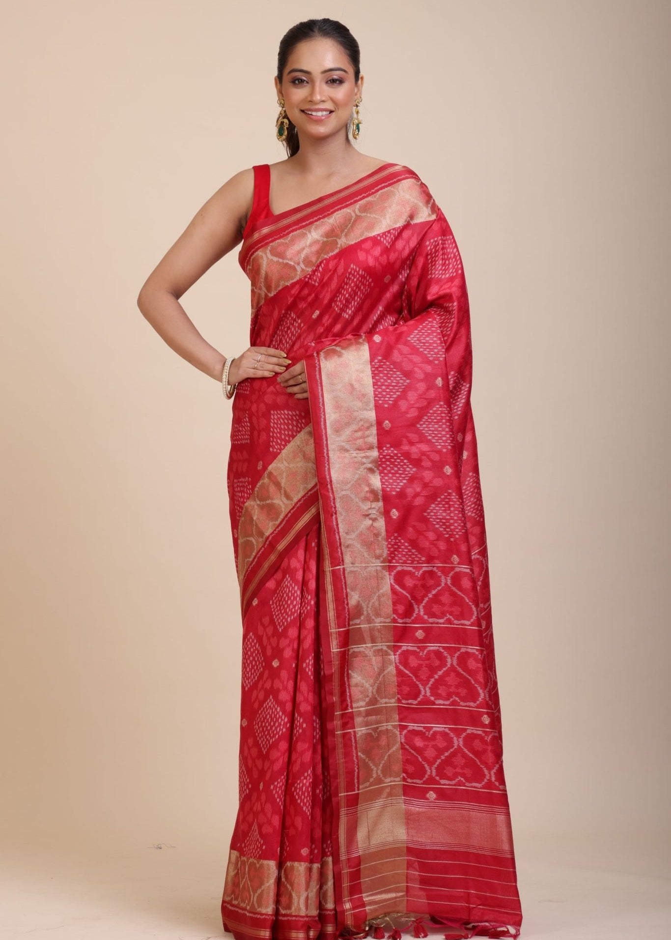 Red Patola Saree With Golden Border - Anvi Couture