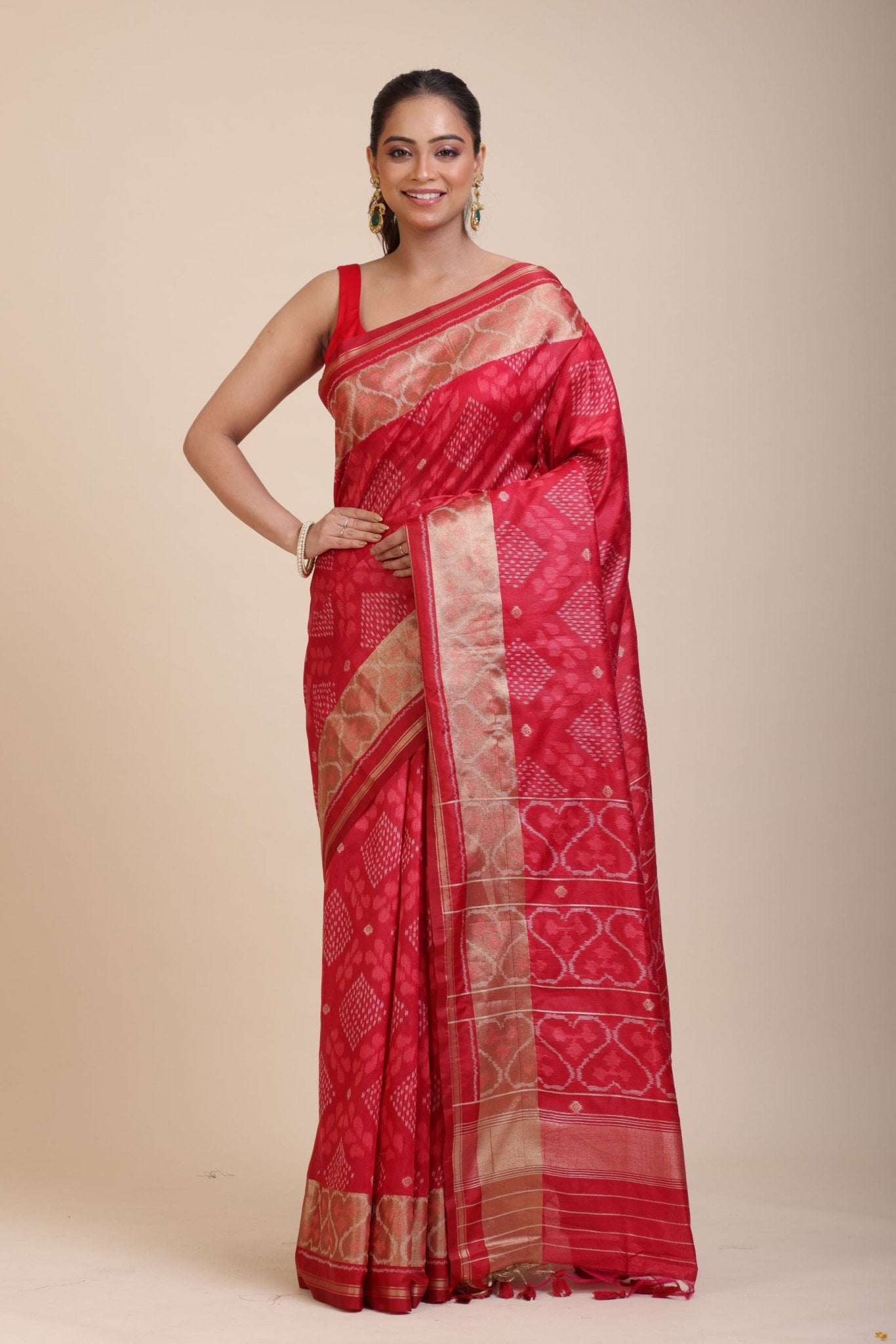 Red Patola Saree With Golden Border - Anvi Couture